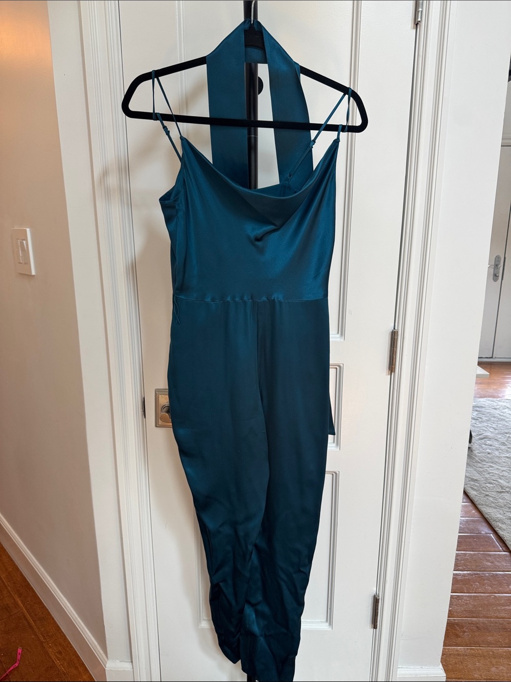 INTERMIX Teal Satin Cowl Neck Jumpsuit